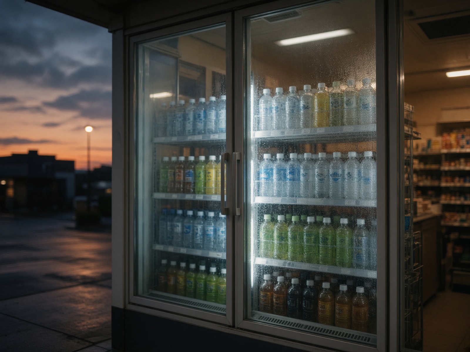 結露した飲料ケースが光るコンビニ