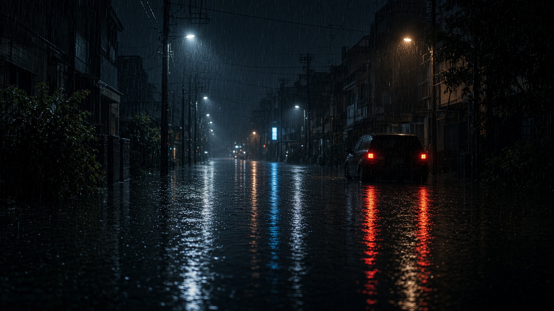 冠水した夜の街、水面に街灯が映る
